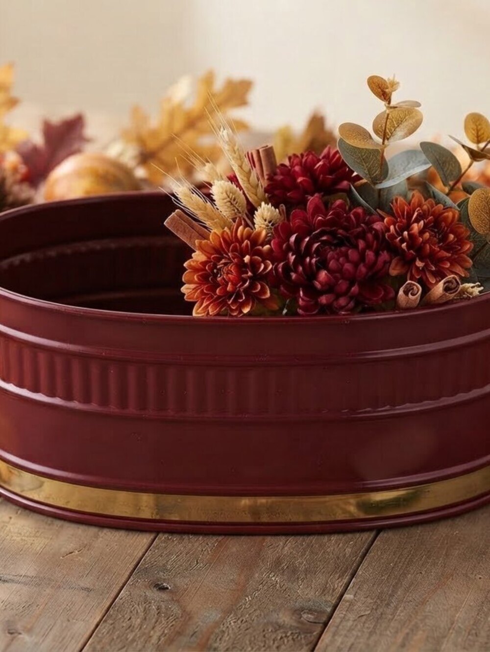 Vintage Burgundy Metal Oval container brass Trim, 10inch